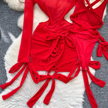 Split Swimwear Long Sleeves Hollow Out Mini Dress + Lace Up Bodysuits Sheer Vacation Bikini Sets