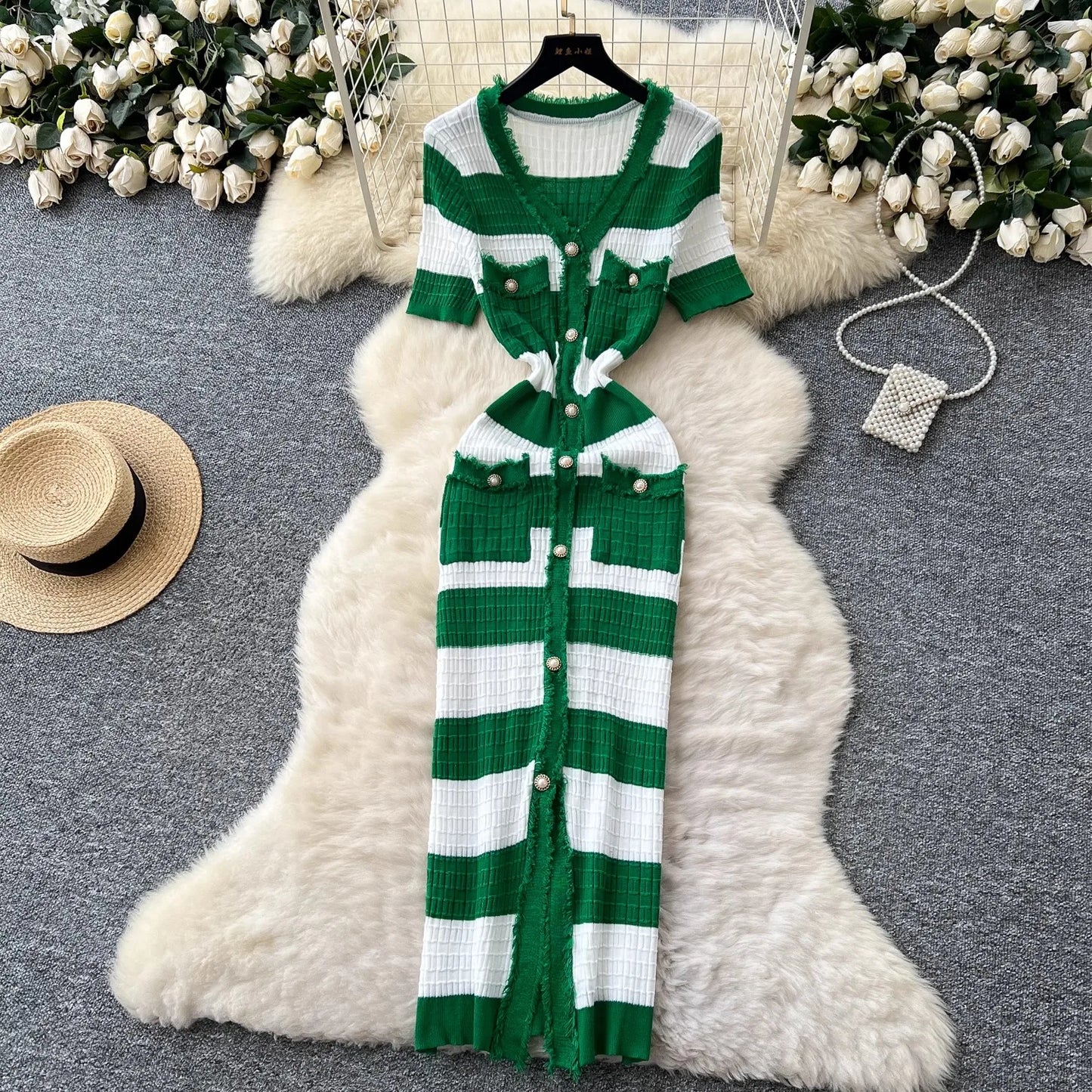 Chic Knitted Slim Waist Office Lady Sweater Maxi Dresses
