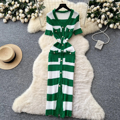 Chic Knitted Slim Waist Office Lady Sweater Maxi Dresses