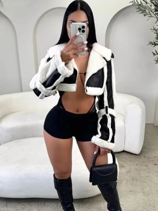 Furry Patchwork Women Crop Jacket Hipster Full Sleeve Open Stitch Hipster Streetwear Warm Outwear Basic Wild Coat