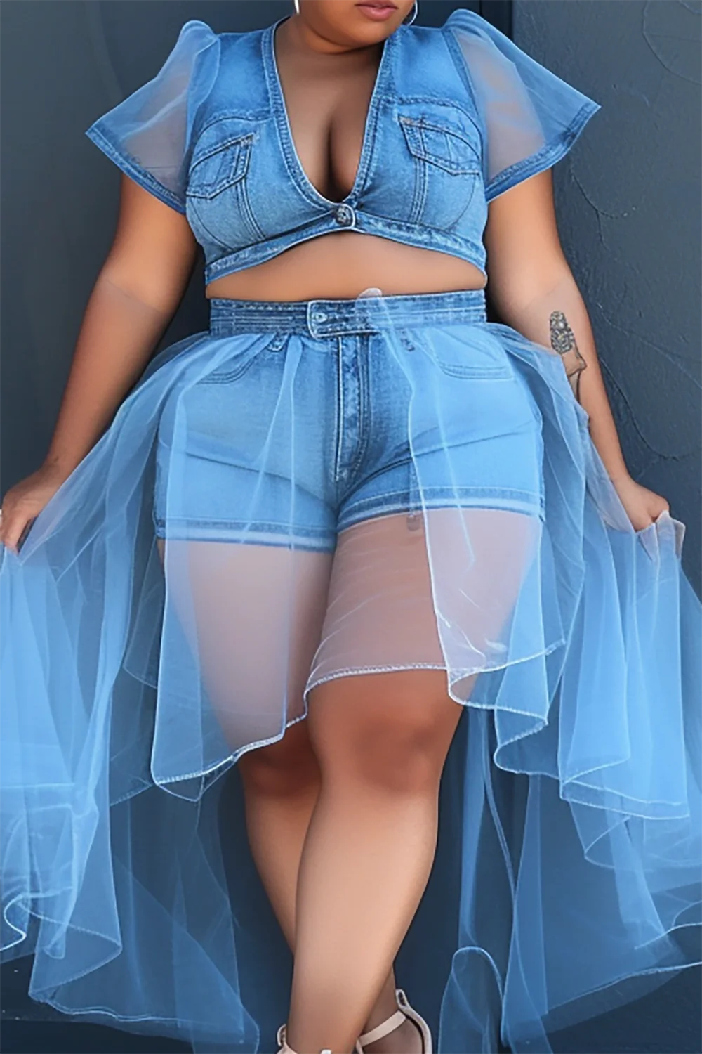 Daisy Light Blue V Neck Short Sleeve See Through Denim Two Piece Short Set With Tulle Skirt