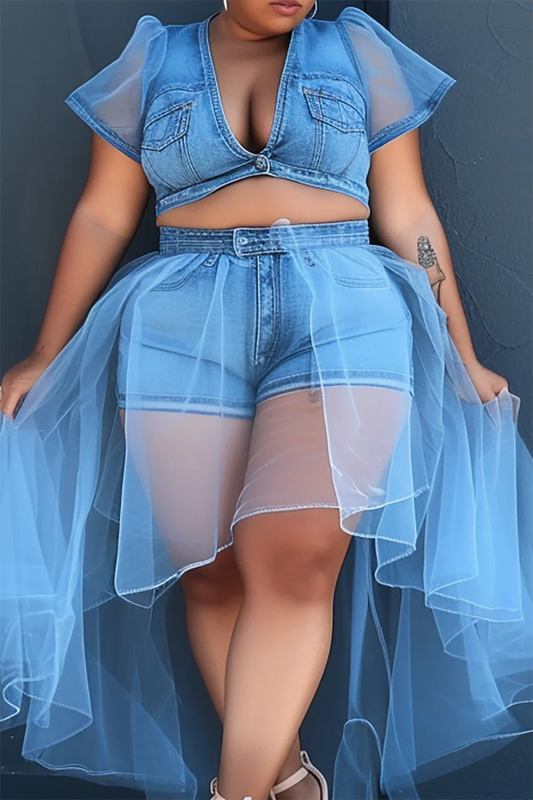 Daisy Light Blue V Neck Short Sleeve See Through Denim Two Piece Short Set With Tulle Skirt