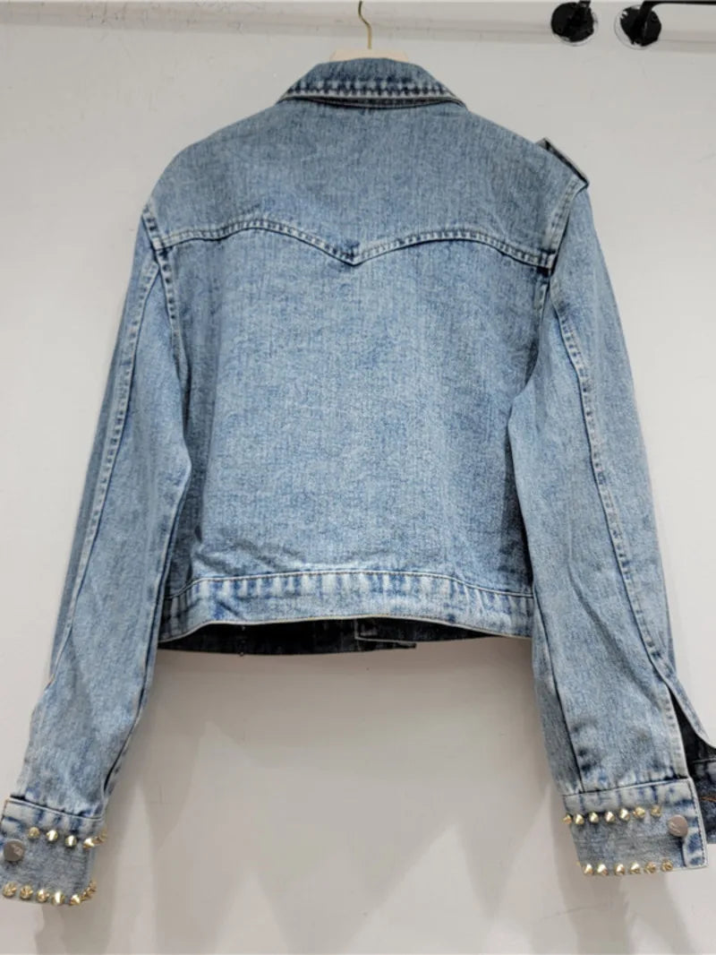 Kay's Handmade Design Rhinestone Beaded Slimming All-Matching Short Denim Jean Jacket (Trendy)