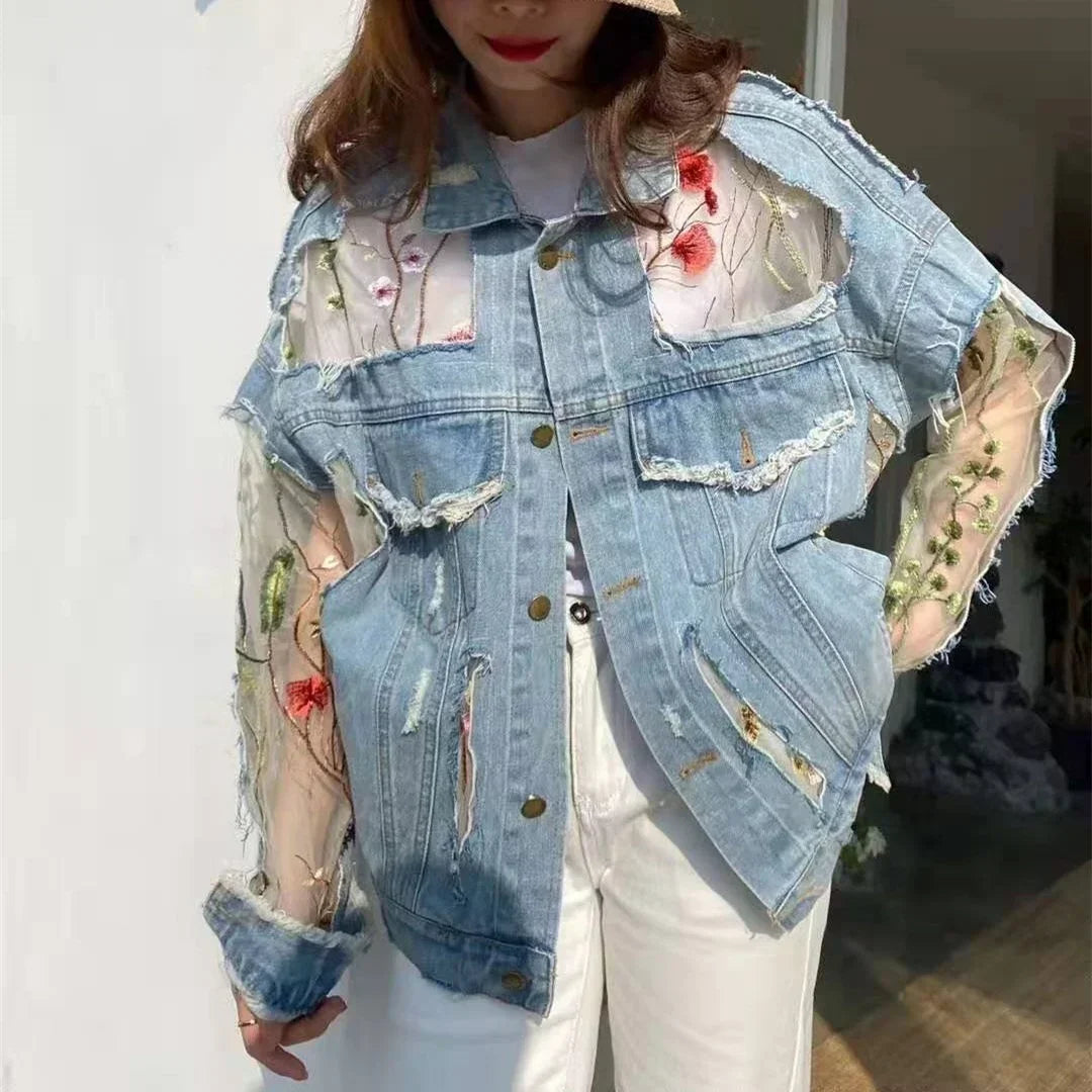 Pircilia Embroidery Lace Patchwork Denim Loose Jeans Coat