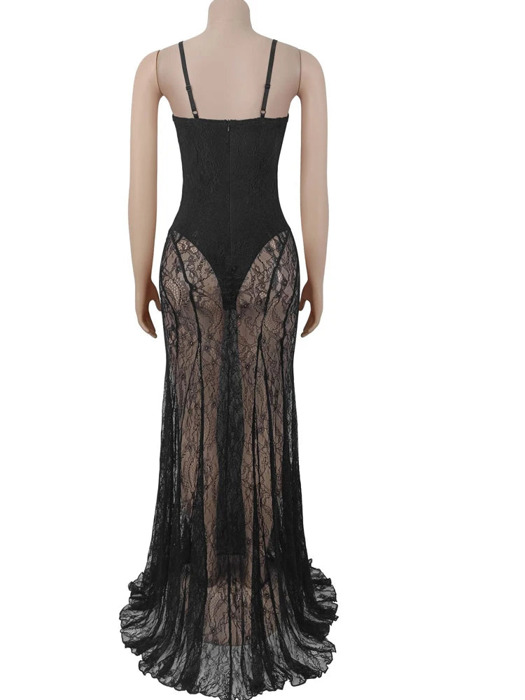 Beautiful See-Through Lace Floral Perspective Sheer Mesh Night Dress Sleepwear
