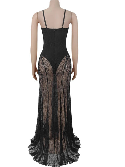 Beautiful See-Through Lace Floral Perspective Sheer Mesh Night Dress Sleepwear