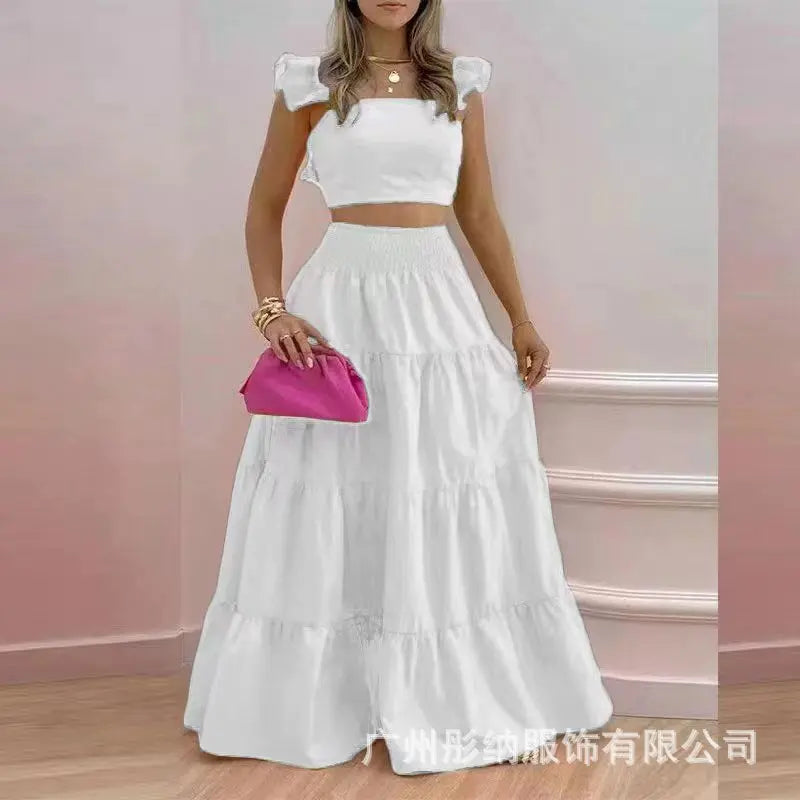 Solid Color Large Swing Skirt + Short Sleeved Square Neck Top (2pcs)