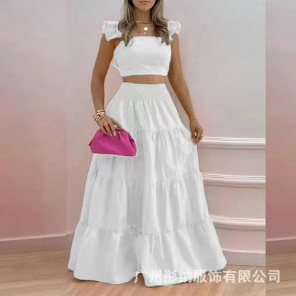 Solid Color Large Swing Skirt + Short Sleeved Square Neck Top (2pcs)