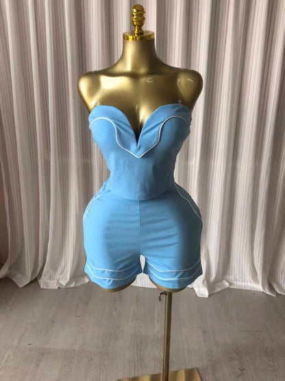 Fashion Striped Strapless Crop Top + Short Sets (2pcs)