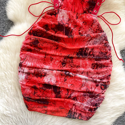 Strapless Lace Up Hollow Out Design Pleated Bodycon Dresses