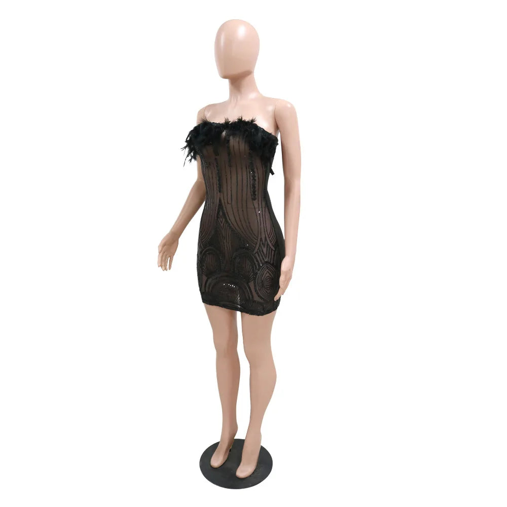 Lila Black Sequin Elegant Glitter Feather Short Sheer Mesh Strapless Bodycon Mini Dress