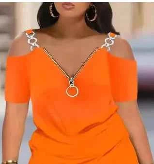 Metal Chain Off Shoulder Strap Tshirt + Short Sets
