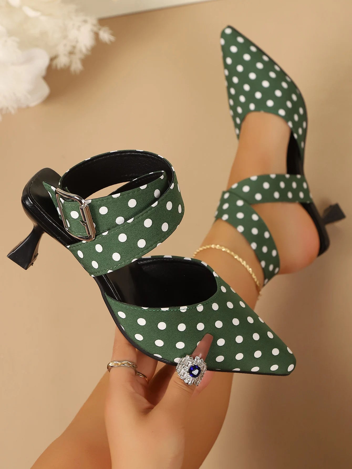 New Polka Dot Slip-On Buckle Strap Elegant Footwear for Women