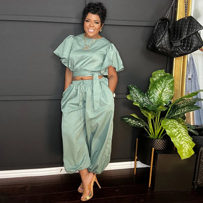O-neck Belt Short Flare Sleeve Crop Top + Pants Suits (2 pcs.)