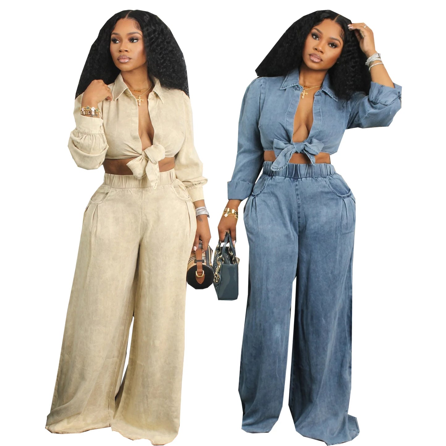 Susan Long Sleeve Collar Cardigan Waist Strap Top + Pocket Wide Leg Pants (Two Piece Set)