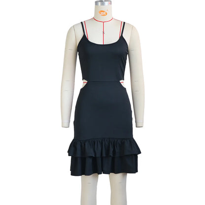 European and American Fashion Sling Low-cut Ruffled Mini Dress