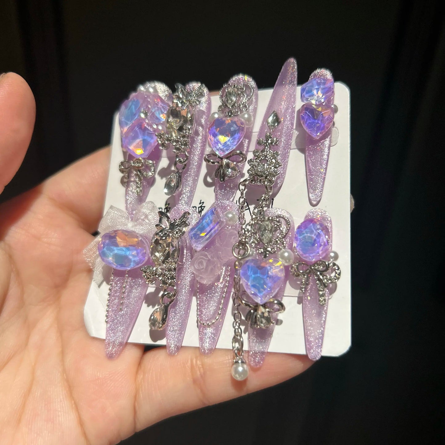 Glitter Press On Nails with Iridescent Heart Rhinestones, Long Stiletto Y2K Fake Nails with Silver Chains