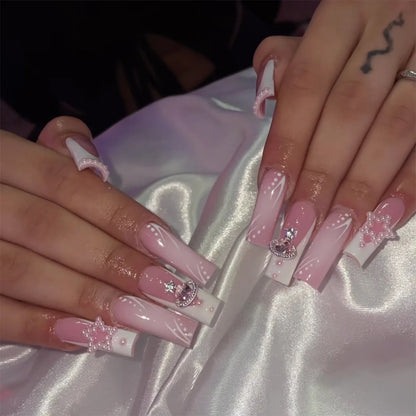 24Pcs French Fake Nails with Glue Long Square False Nails Flower Rhinestone Design Press on Nails Wearable Coffin Nail Tips