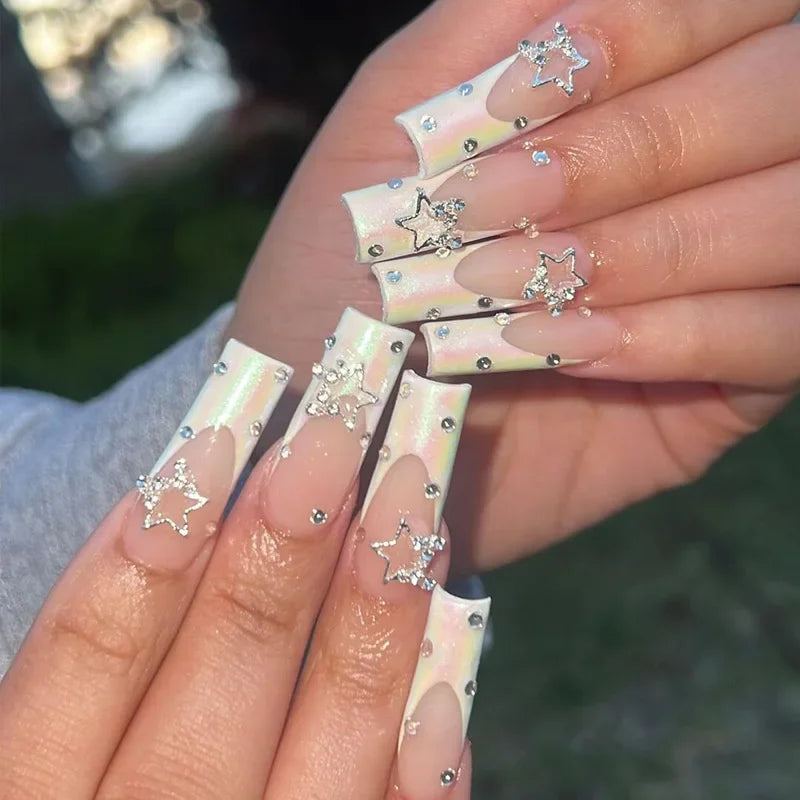 24Pcs Simple White French Press on Nails with Glue Long Ballet False Nails Wearable Coffin Fake Nails Full Cover Nail Tips