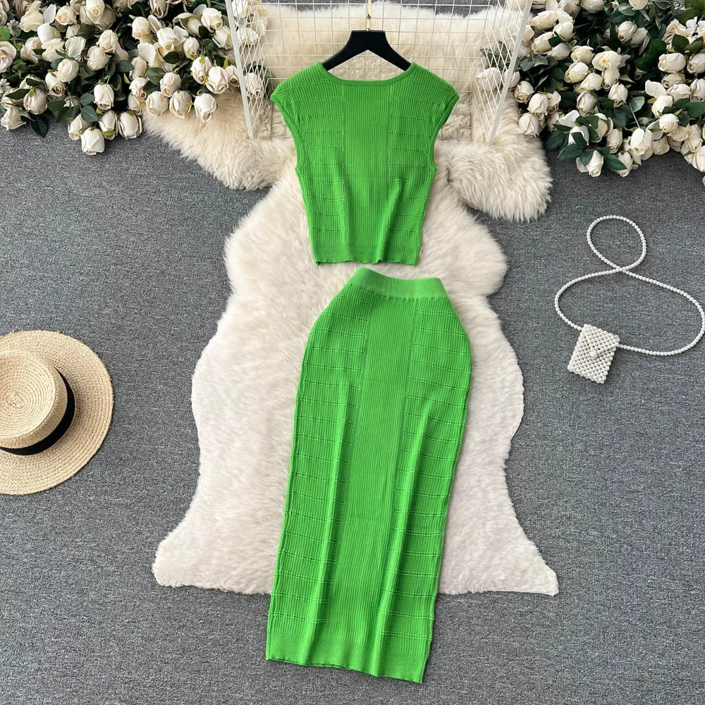 Knitted 2 Pcs. Buttons Crop Top Tanks + Slit Midi Skirt Set