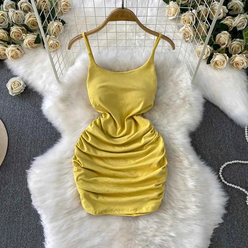 Spaghetti Strap Pleated Temperament Mini Dresses