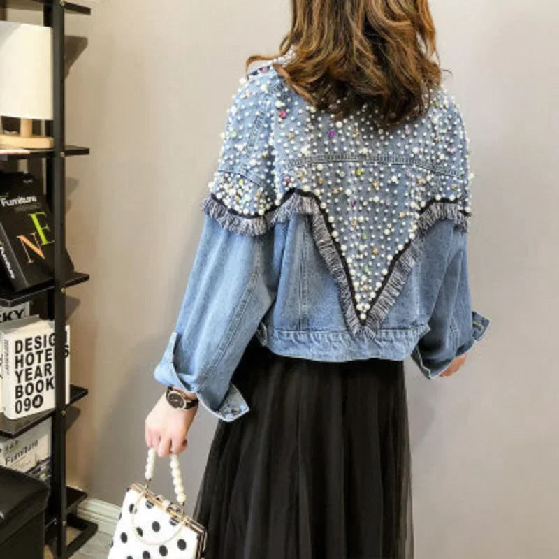 Gracie Hand-studded Pearls Punk Loose Short Jeans Coats