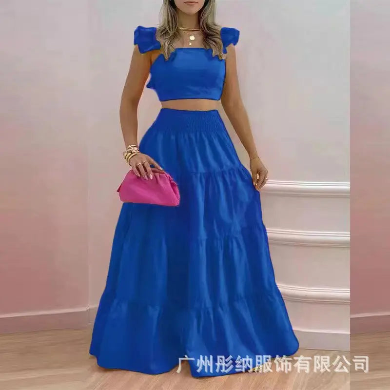 Solid Color Large Swing Skirt + Short Sleeved Square Neck Top (2pcs)
