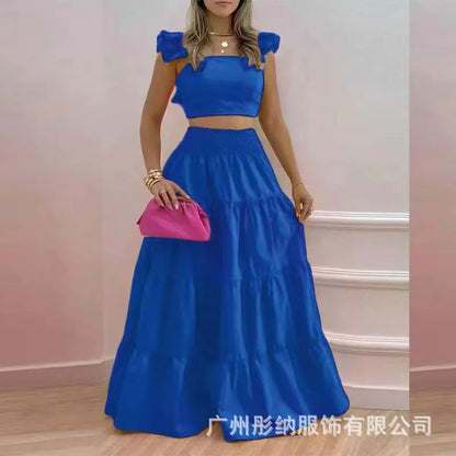 Solid Color Large Swing Skirt + Short Sleeved Square Neck Top (2pcs)