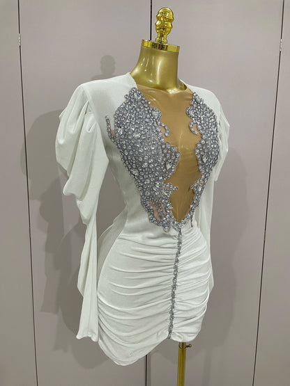 Luxury Sparkly Crystal White Velvet Mini Dresses
