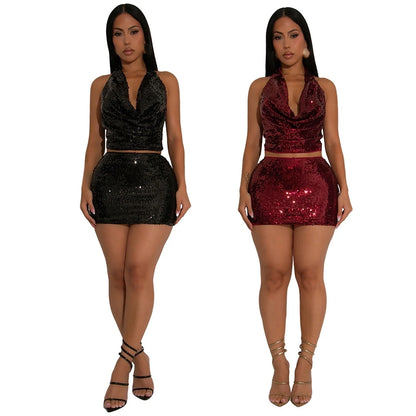 Sequin Halter Crop Top + Mini Skirt Matching Sets