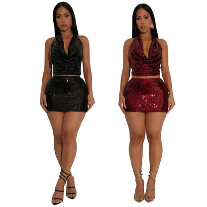 Sequin Halter Crop Top + Mini Skirt Matching Sets
