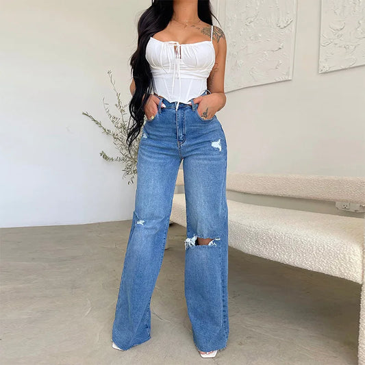 Joan's Wide Leg Pants Denim High Waist Zipper Fly Washing Holes Pockets High Street Jeans