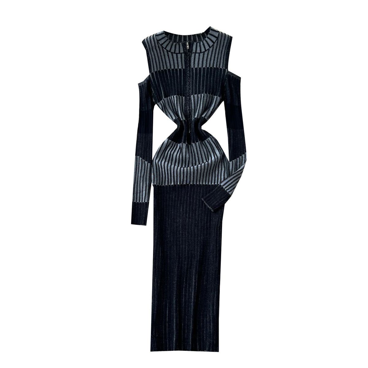 Cold Shoulder Long Sleeve Ribbed Knit Bodycon Midi Dress Elegant Fall Winter