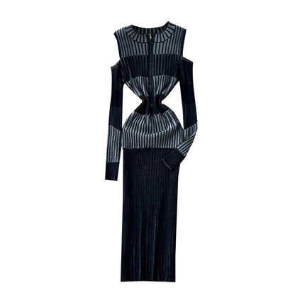 Cold Shoulder Long Sleeve Ribbed Knit Bodycon Midi Dress Elegant Fall Winter