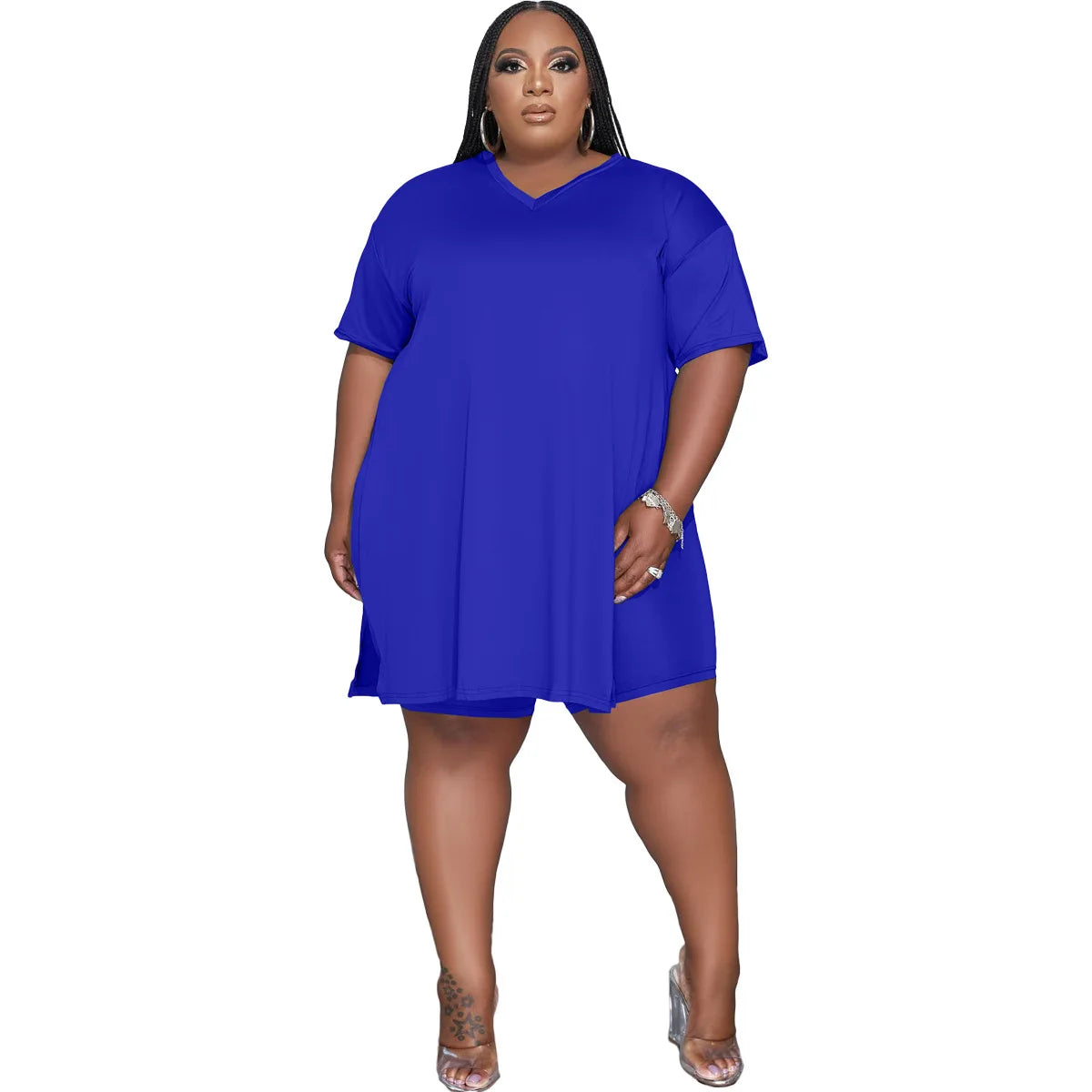 V-Neck Solid Color Two Piece Short Set (Tracksuits)