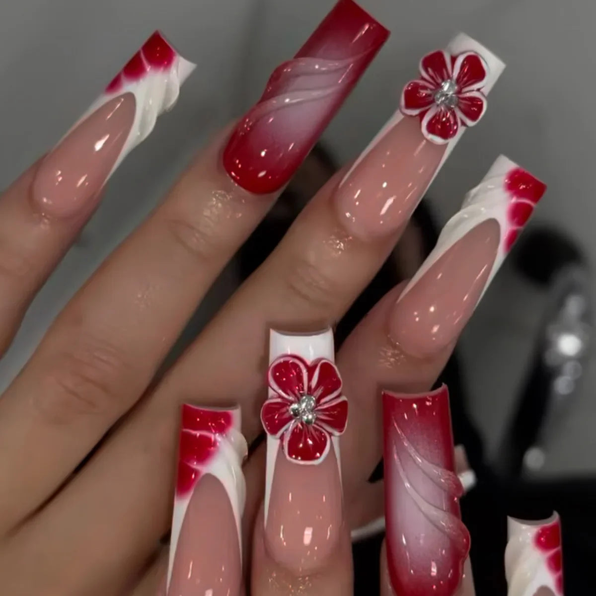 24Pcs Long Square Press on Nails Leopard Print French 3D Cherry Design False Nail Rhinestone Wearable Full Cover Fake Nails Tips