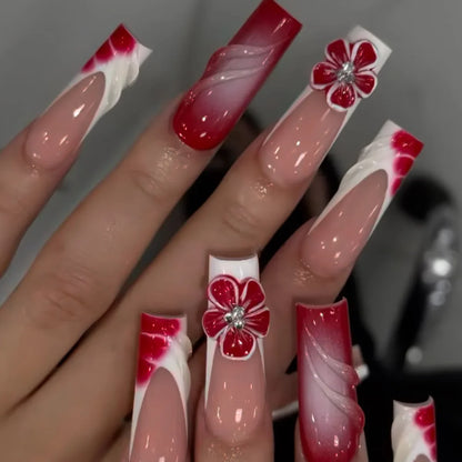 24Pcs Long Square Press on Nails Leopard Print French 3D Cherry Design False Nail Rhinestone Wearable Full Cover Fake Nails Tips