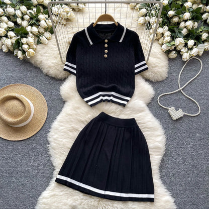 Newest Knitting Two Pieces Sets Button Vintage Basic Tops + High Waist Pleated Skirt Women Fashion 2pcs Suits