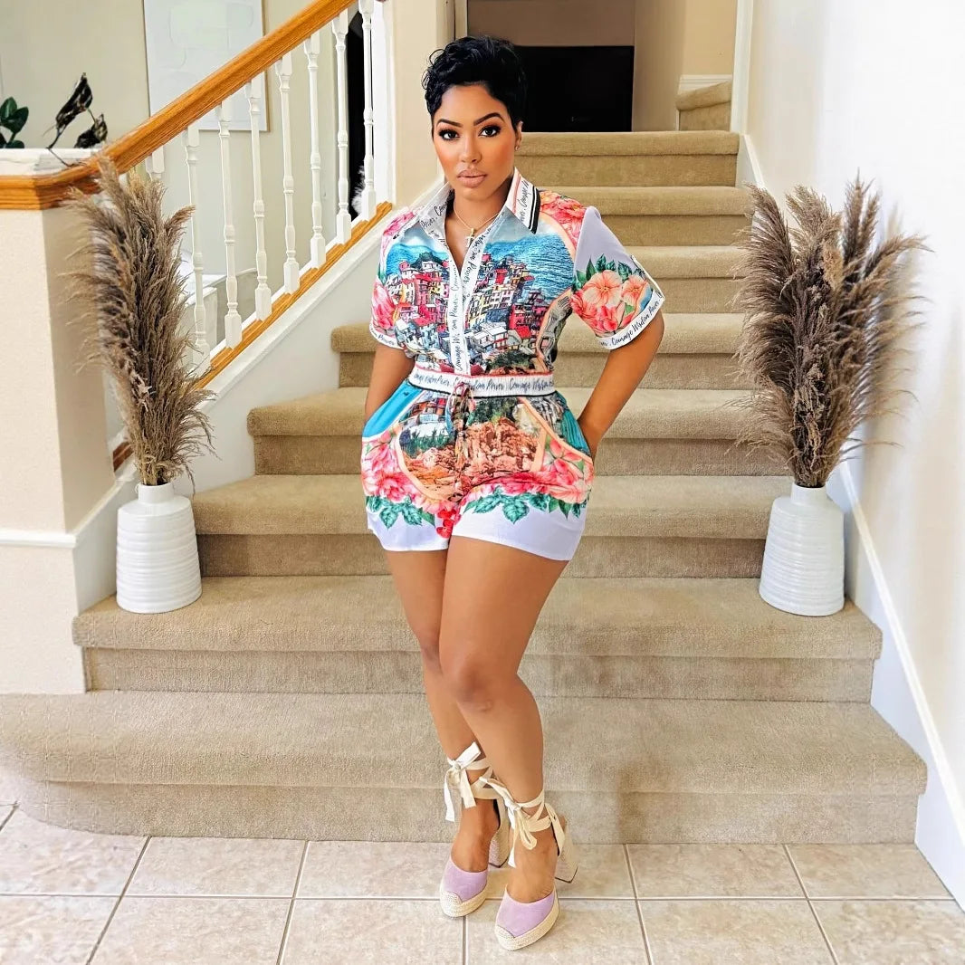 Elegant Printed Shirt Tops + Shorts Outfits