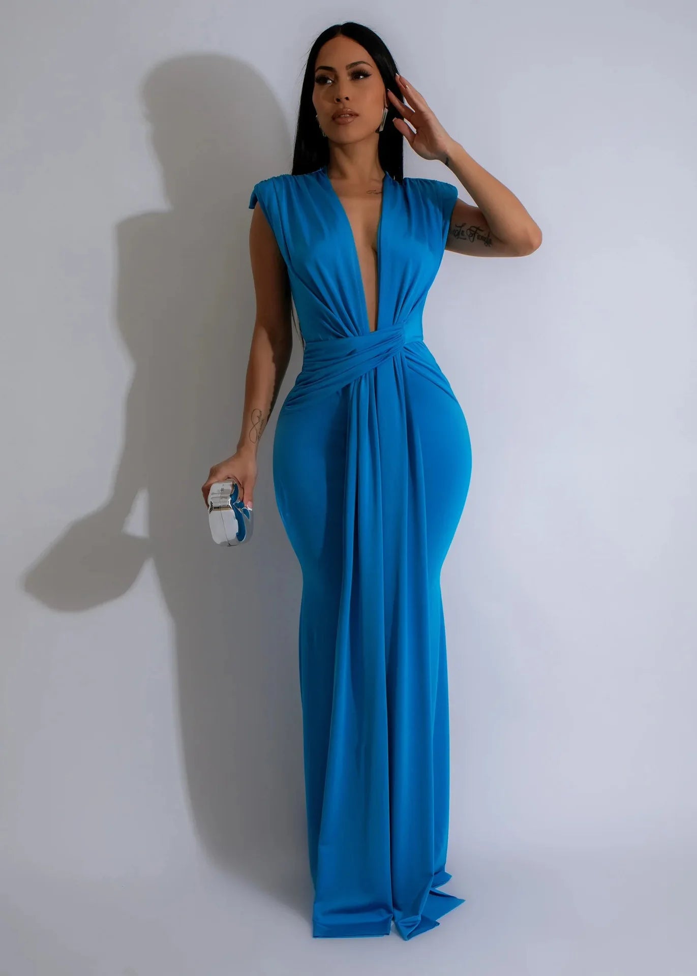 Shaniia Sleeveless Deep V Waist Stretch Elegant MIDI Long Evening Dress