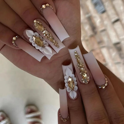 24Pcs Long Square Press on Nails Leopard Print French 3D Cherry Design False Nail Rhinestone Wearable Full Cover Fake Nails Tips