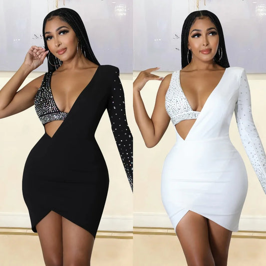 Quita Rhinestone One Shoulder Bodycon V Neck Mini Dresses Luxury Diamond