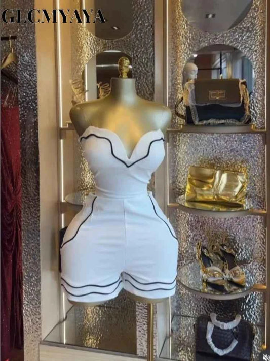 Fashion Striped Strapless Crop Top + Short Sets (2pcs)