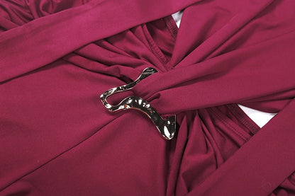 Deep V-Neck Metal Buckle Ruched Cross Bandage Jumpsuits