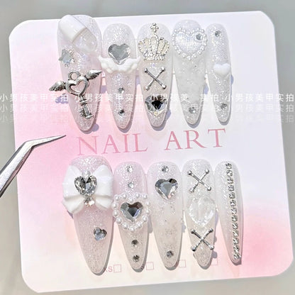 10Pcs Luxury Court Handmade Long Stiletto Full Cover Nails 3D Spice Girl Sparkling Diamond Bow Pearl Flowers Wearable Fake Nails