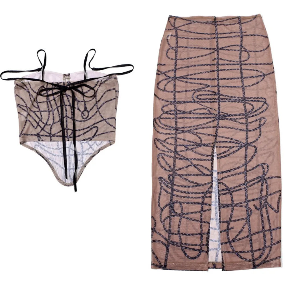 Brown Sexy Mesh Perspective Skinny Skirts Two Piece Sets