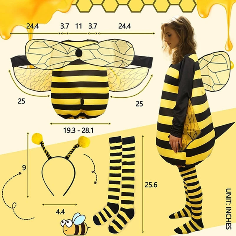 Halloween Striped Patchwork Bee Costume for Women with Knee-high Socks and Hair Hoop Cosplay Outfi