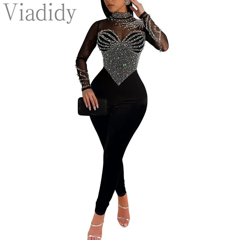 Colivia Long Sleeve Sheer Beads Rhinestone Skinny Jumpsuits