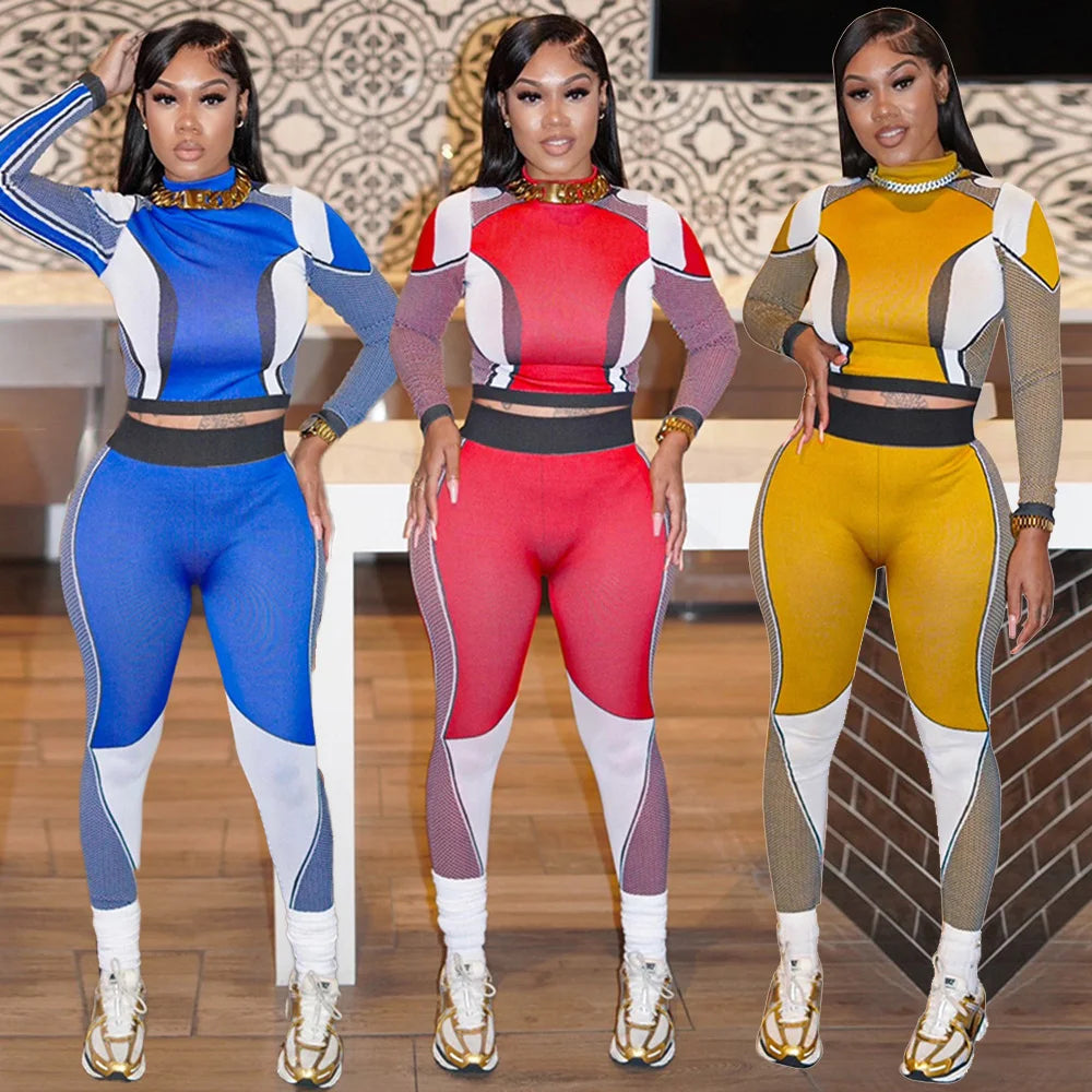 Kai Patchwork Crop Tops 2 Piece Sets Pants Sweatsuits