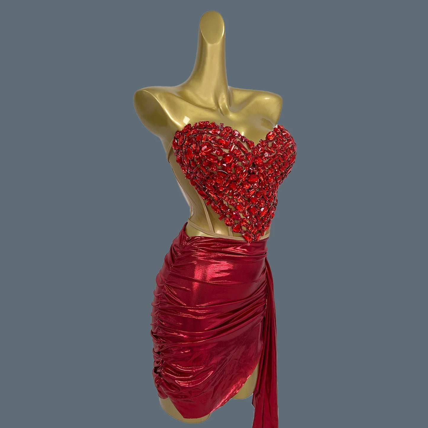 Sparkly Red Diamonds Sexy Top Skirt 2 Pcs Set Women Celebrate Party Birthday NightClub Performance Stage Outfit Show Wear Aixin